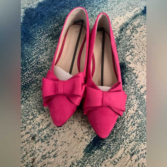 Shoes - NWOT Faux suede hot pink bow flats